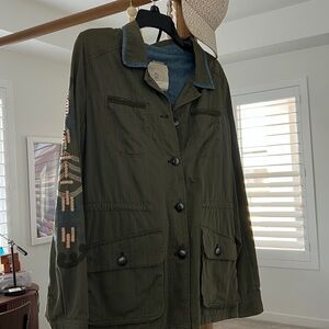 Anthropology classic! Olive Military shirt/jac Embroidered Sleeves 100% cotton